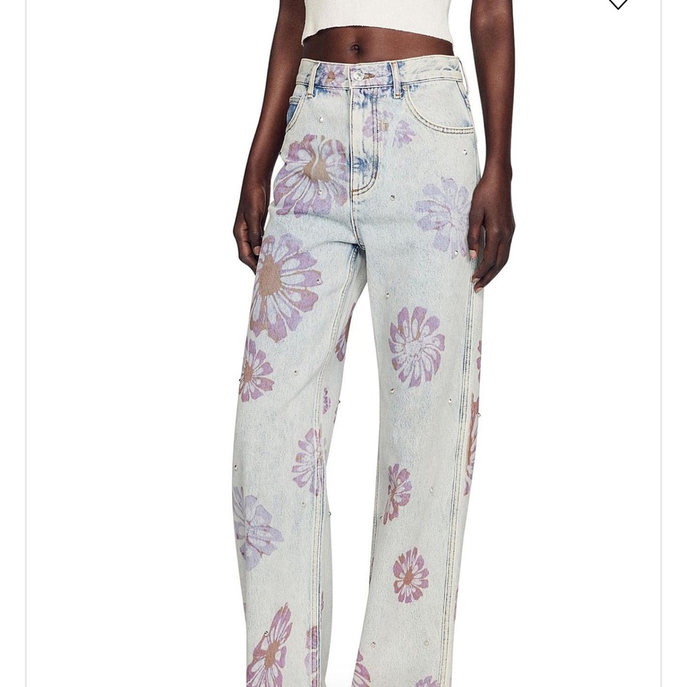 Sandro Paris Floral Straight Leg Jeans - White and Purple - Picture 2 of 3